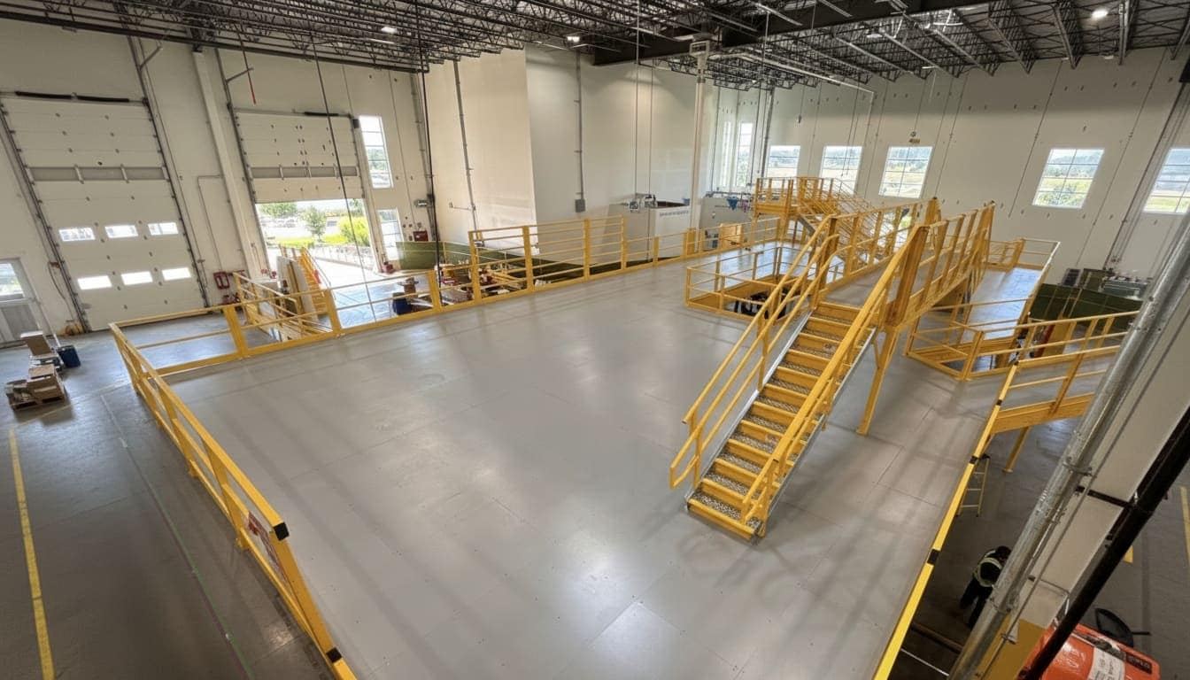 MTLI Group mezzanine platform installation with yellow safety railings